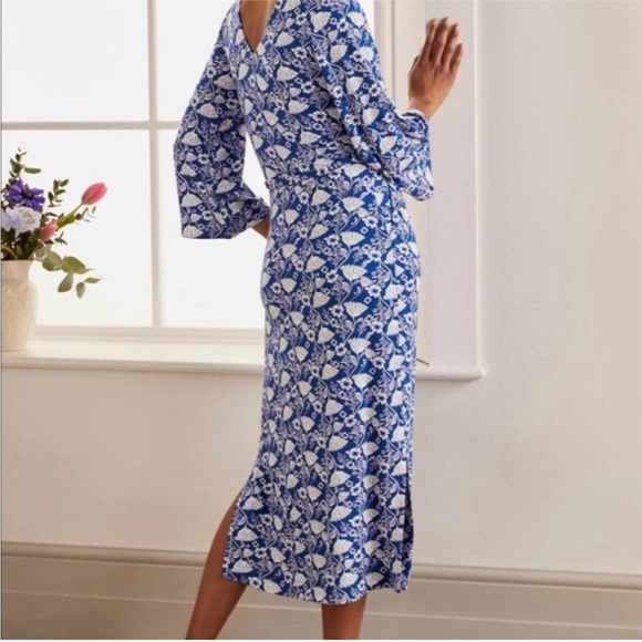 Boden Amy Jersey Midi Dress Double V Belted Blue White Size 6R VGUC Side Pockets - Picture 4 of 16